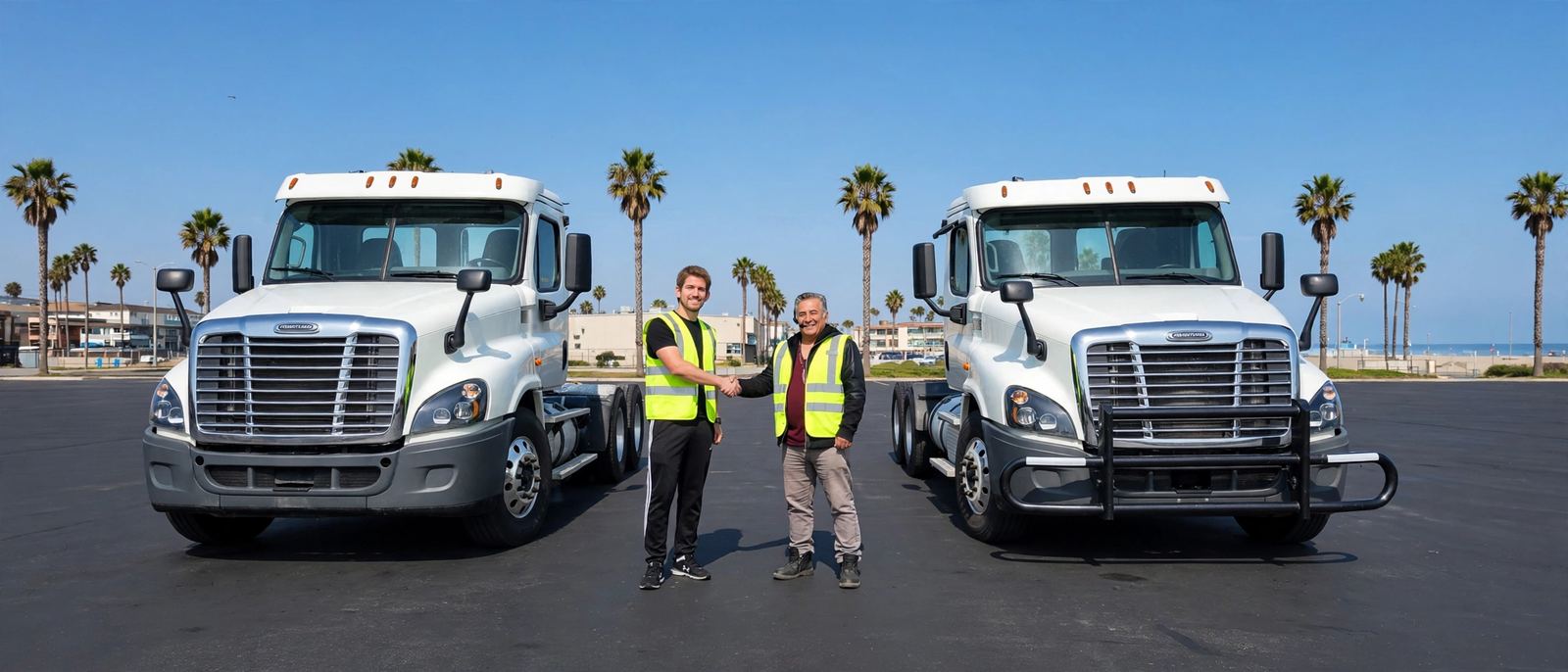 Andre La Torre Fox and Armando La Torre shaking hands in safety vests between two white trucks, with palm trees behind them